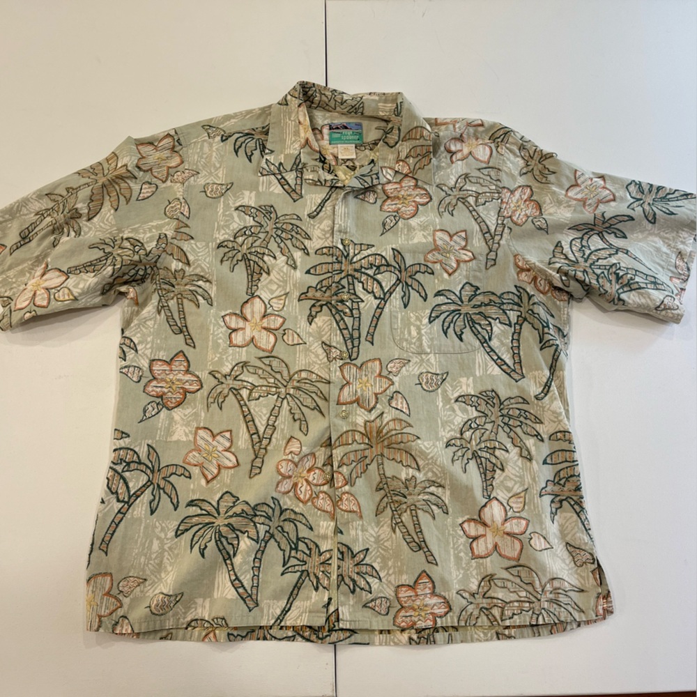 SOLD Reyn Spooner Shirt Beige Green Floral Palm Trees Hawaiian 100% Cotton Men’s
